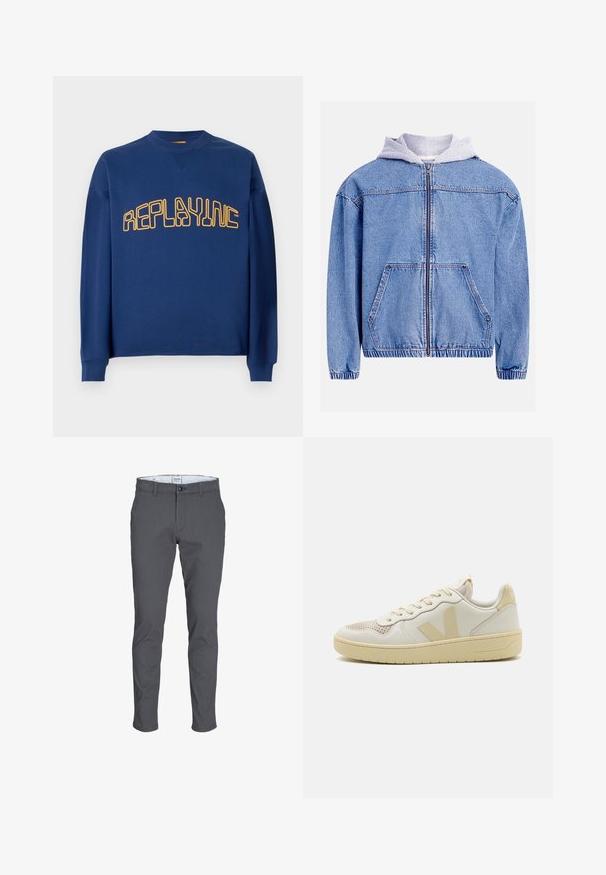 Denimjakke med en lyseblå vask, der har en grå hætte, lynlås foran, to forlommer og elastisk kant samt manchetter.; Mørkeblå crewneck sweatshirt med lange ærmer og gul stiliseret "REPLAYINC" tekst på brystet.; Grå bomuldsbukser med slim fit, knaplukning og lommer. Har et rent design og en glat tekstur.; Beige sneakers med en struktureret mesh tåhætte, glat læderoverdel og kontrasterende logo accenter. Flad gummisål med et elegant design.