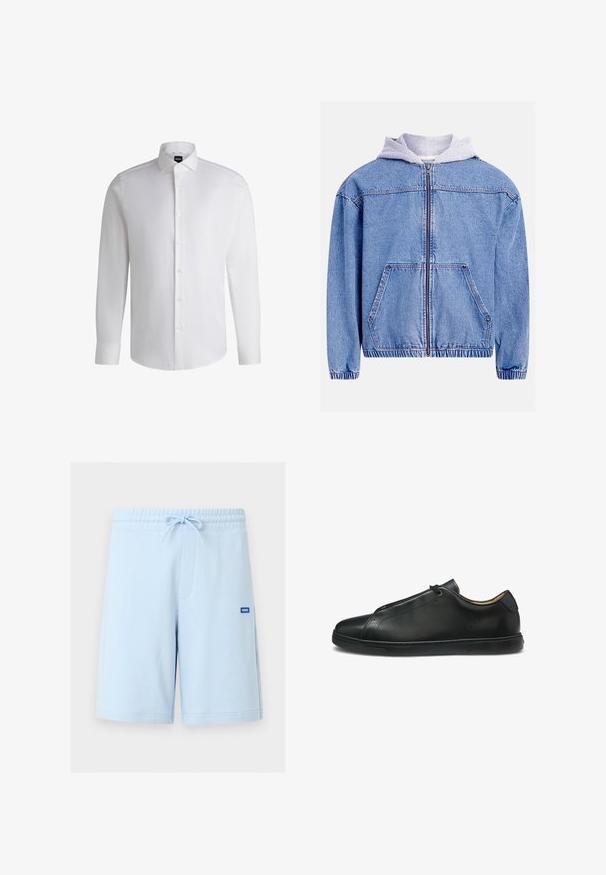 Chaqueta vaquera con lavado azul claro, con capucha gris, cierre frontal con cremallera, dos bolsillos delanteros y dobladillo y puños elásticos.; Camisa blanca de manga larga hecha de algodón suave, con un cuello clásico, botonera completa y puños abotonados. Diseño minimalista.; Pantalones cortos azul claro hasta la rodilla con cintura elástica y cordón, con un pequeño logo azul "Hugo" en el muslo derecho.; Zapatilla deportiva de cuero negro de corte bajo con costuras mínimas, puntera redondeada y suela de goma plana, mostrada de perfil sobre fondo blanco.
