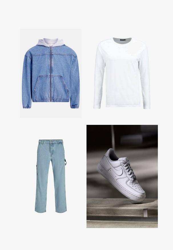 Jeansjacke mit hellblauer Waschung, mit grauer Kapuze, Frontreißverschluss, zwei Fronttaschen sowie elastischem Saum und Bündchen.; Weiße langärmlige T-Shirt aus Baumwolle, mit Rundhalsausschnitt und glatter Textur. Keine Muster oder Akzente. Schlichtes Design.; Hellblaue Denim-Cargo-Hosen mit entspannter Passform, ausgestattet mit seitlichen Befestigungsschlaufen und Fronttaschen, die eine ausgewaschene Textur aufweisen.; Weißer Nike Air Force 1 Sneaker aus Leder mit perforierter Zehenpartie, flachen Schnürsenkeln und strukturierter Gummisohle mit "AIR"-Branding an der Seite.