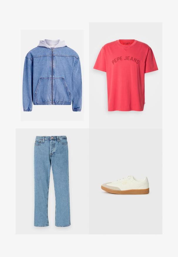 Jeansjacke mit hellblauer Waschung, mit grauer Kapuze, Frontreißverschluss, zwei Fronttaschen sowie elastischem Saum und Bündchen.; Korallenfarbenes Baumwoll-T-Shirt mit kurzen Ärmeln und Rundhalsausschnitt. Mit dem Schriftzug "PEPE JEANS" in dunklen Buchstaben auf der Brust.; Helle blaue Jeans mit geradem Bein, vorderem Knopf, Reißverschluss und Fünf-Taschen-Design auf weißem Hintergrund.; Sneaker aus weißem Leder mit einer beigen Zehenkappe und leichter brauner Gummisohle. Verfügt über flache weiße Schnürsenkel und geprägtes Branding an der Seite.