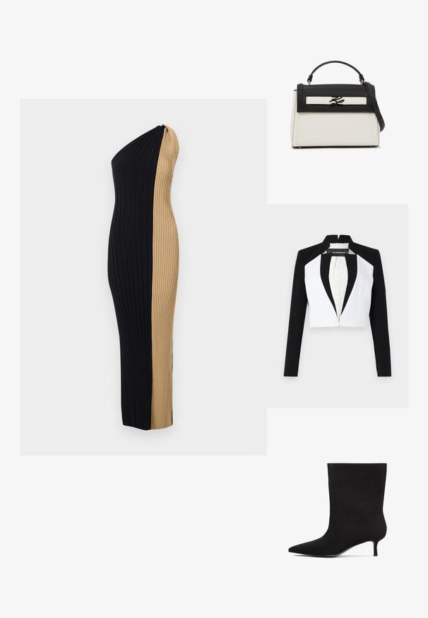 Geknipte blazer met zwart-witte panelen, lange mouwen en een rits aan de voorkant. Heeft een reverskraag en een gladde stofstructuur.; Off-shoulder geribbelde jurk met een strak silhouet. Heeft een contrasterende zwart- en tan-kleurschema en verticale textuur door het geheel.; Zwarte suède enkellaars met een spitse neus en een lage kittenhak. Gladde textuur en minimalistisch ontwerp zonder opmerkelijke patronen of accenten.; Zwart-witte gestructureerde handtas met handvat bovenop, afneembare schouderriem en metalen merklogo op de voorflap.