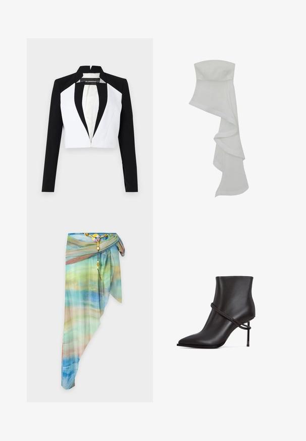 Geknipte blazer met zwart-witte panelen, lange mouwen en een rits aan de voorkant. Heeft een reverskraag en een gladde stofstructuur.; Witte strapless top met een gedrapeerd ontwerp, cascaderende stoflagen en een gladde textuur, ontworpen voor een getailleerde silhoeet.; Asymmetrische doorzichtige wikkelrok met blauw, groen en beige gradientpatroon, vastgemaakt met een decoratieve kralenriem en ronde gesp.; Strakke zwarte enkelboot met een spitse neus, accent van gewikkeld design en een hoge stilettohak op een witte achtergrond.