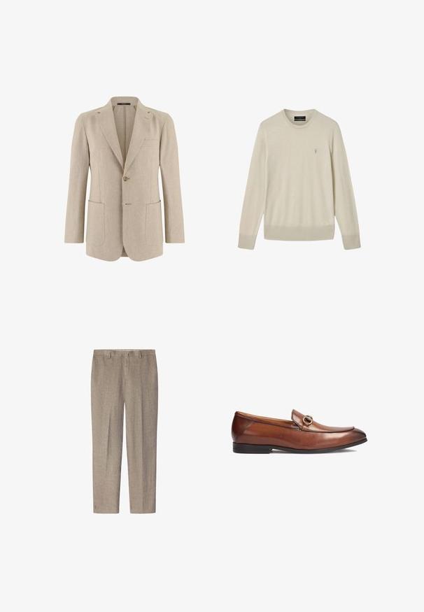 Beige herreblazer med enkelt knap, hakkede revers, to store forlommer og en brystlomme med kant, lavet af let stof.; Beige langærmet sweater med rund hals og ribstrikkede manchetter og kant, med en lille broderet logo på venstre bryst.; Lysebrune hørbukser med lige ben, der har flad front, bæltestropper og ingen synlige mønstre eller detaljer.; Brune læder loafers med rund tå, syningsdetaljer og en dekorativ metalspændeaccent foran. Gummisol.