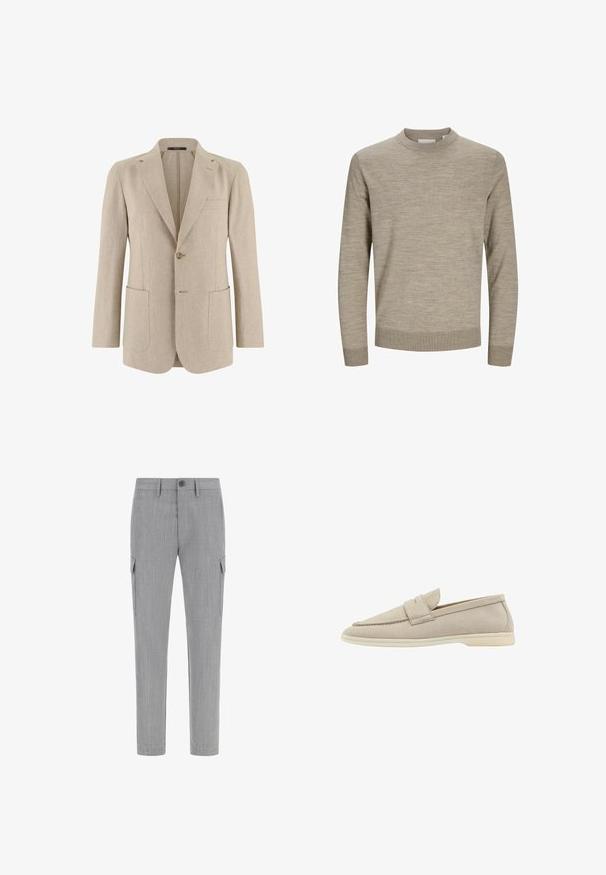 Blazer beige pour homme à un bouton avec revers crantés, deux grandes poches avant et une poche poitrine passepoilée, confectionné en tissu léger.; Pull beige à manches longues avec col rond, poignets et ourlet côtelés, présenté sur un fond blanc.; Pantalons cargo gris en tissu texturé, dotés de poches latérales, d'une fermeture à bouton et d'une coupe fuselée.; Chaussure slip-on en daim beige avec un bout arrondi, une sangle d'accent à l'avant et une semelle en caoutchouc légère. Texture lisse et design minimaliste.