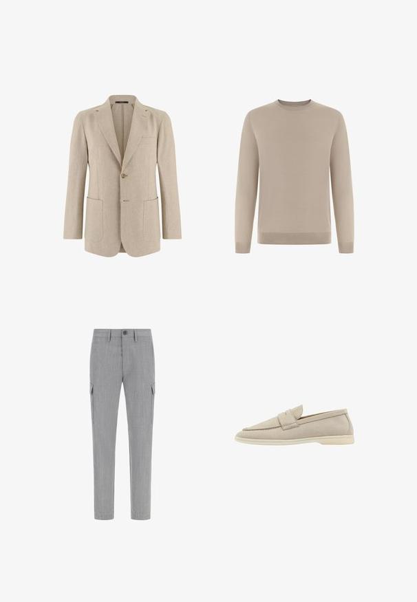 Blazer beige pour homme à un bouton avec revers crantés, deux grandes poches avant et une poche poitrine passepoilée, confectionné en tissu léger.; Pull beige à manches longues en tissu doux et fin tricoté. Il présente un col rond et des poignets et ourlet côtelés pour une coupe ajustée.; Pantalons cargo gris en tissu texturé, dotés de poches latérales, d'une fermeture à bouton et d'une coupe fuselée.; Chaussure slip-on en daim beige avec un bout arrondi, une sangle d'accent à l'avant et une semelle en caoutchouc légère. Texture lisse et design minimaliste.