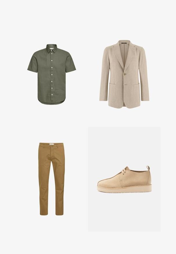 Blazer beige pour homme à un bouton avec revers crantés, deux grandes poches avant et une poche poitrine passepoilée, confectionné en tissu léger.; Chemise boutonnée à manches courtes, verte olive, col pointu et boutons blancs, design uni, vue de face, sans motifs ni logos visibles.; Pantalons en coton beige avec une coupe droite, dotés d'une fermeture à bouton à l'avant et de passants de ceinture standards. Texture lisse avec un minimum de détails.; Chaussure beige en daim à lacets avec bout arrondi, semelle épaisse, et languette de tirage au talon, présentée de profil sur un fond blanc.