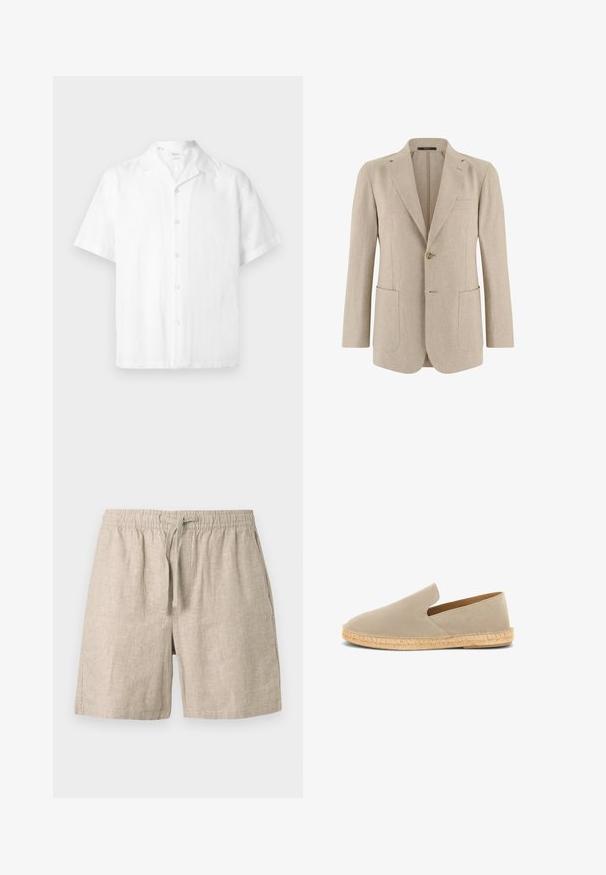 Blazer beige pour homme à un bouton avec revers crantés, deux grandes poches avant et une poche poitrine passepoilée, confectionné en tissu léger.; Chemise blanche à manches courtes boutonnée avec col camp, fabriquée en tissu léger, présentée sur un fond uni.; Short en lin beige avec taille élastique et cordon ajustable, avec poches latérales et coupe décontractée.; Espadrille beige en daim à enfiler avec semelle enveloppée de jute et petit talon, vue latérale sur fond blanc.