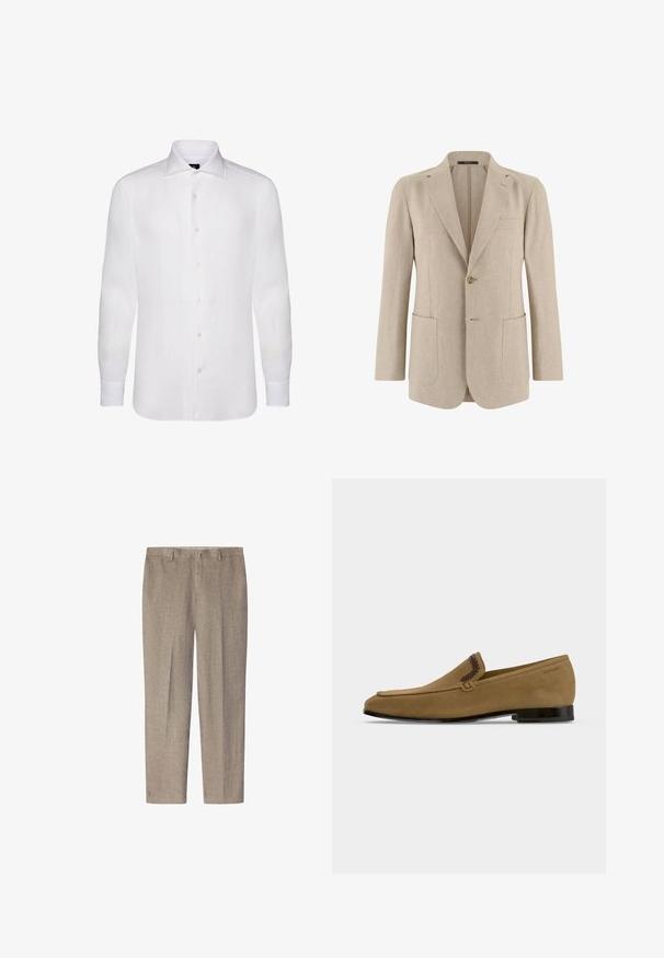 Beiger Herrenblazer mit einem Knopf, Revers mit Kerbkragen, zwei großen Vorderentaschen und einer Brustleistentasche, aus leichtem Stoff gefertigt.; Weißes langärmliges Button-Down-Shirt aus leichtem Stoff, das einen klassischen Kragen, eine subtile Textur und sechs Knöpfe auf der Vorderseite aufweist.; Hellbraune Leinenhose mit geradem Bein, flachem Vorderteil, Gürtelschlaufen und ohne sichtbare Muster oder Akzente.; Hellbrauner Wildleder-Herrenloafer mit dunklem geflochtenem Besatz, flacher schwarzer Sohle und niedrigem Absatz, seitlich auf weißem Hintergrund dargestellt.
