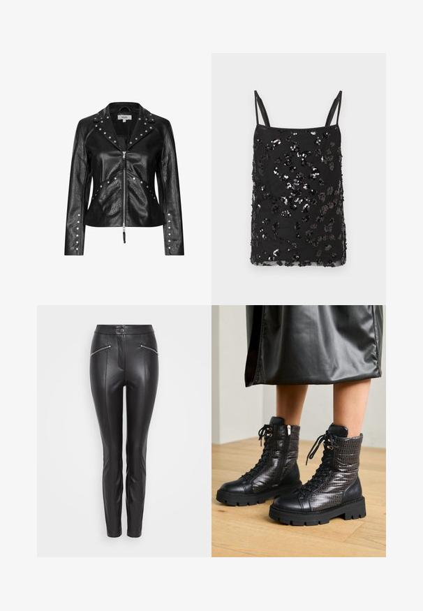 Veste de moto en cuir noir avec fermeture éclair à l'avant, col et poignets cloutés, surface texturée et coutures angulaires pour un look ajusté.; Débardeur noir à fines bretelles, orné de sequins noirs et argentés de différentes tailles formant un motif dispersé sur le tissu.; Pantalons en cuir noir à coupe slim, avec des coutures verticales, une poche zippée de chaque côté et un bouton de fermeture à la taille.; Bottines en cuir noir avec un dessus matelassé texturé, un design à lacets et une semelle en caoutchouc épaisse avec des accents décoratifs.