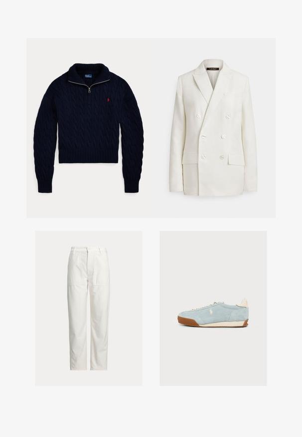 Cremefarvet dobbeltradet blazer med sjalskraver, perleknapper og forlommer. Fremstillet af letvægtsstof med en glat tekstur.; Mørkeblå kabelstrikket sweater med halvlange lynlås-krave og rød Polo Ralph Lauren-logo broderet på brystet.; Hvide bukser med lige ben, store foran-lommer, bæltestropper og lukning med knap i taljen.; Lyseblå ruskindssneaker med beige snørebånd, brun gummisål og lille hvidt broderet logo på siden, vist fra siden.