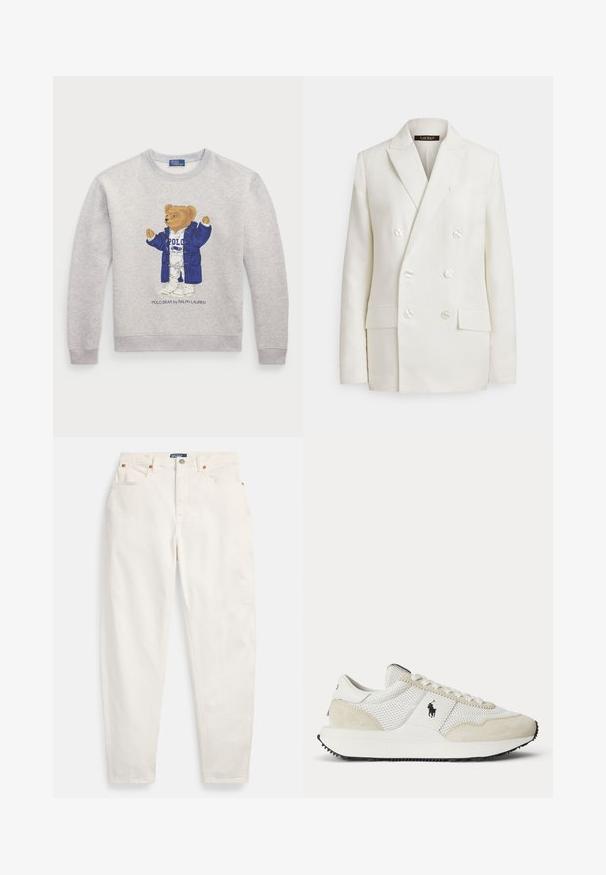 Cremefarbener doppelseitiger Blazer mit Schalkragen, Perlenknöpfen und Vorderentaschen. Hergestellt aus leichtem Stoff mit glatter Textur.; Helles graues Sweatshirt mit einem Grafikmotiv eines Bären in einem blauen Mantel und weißer Kleidung. Gerippte Bündchen und Saum. "Polo Bear by Ralph Lauren"-Text darunter.; Weiße Jeans mit hoher Taille und geradem Bein, mit vorderem Knopf und Reißverschluss, Fünf-Taschen-Design und Polo-Markenlabel am Bund.; Weißer und beiger sportlicher Sneaker mit Mesh- und Wildlederpaneelen, Schnürverschluss, schwarzem Polo-Logo an der Seite und strukturierter schwarzer Sohle.