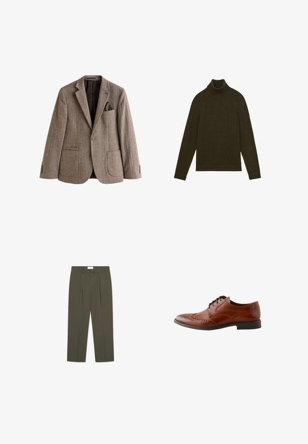 Blazer marrón de espiga hecho de una tela texturizada, con un bolsillo en el pecho que incluye un pañuelo, dos bolsillos frontales y puños abotonados.; Suéter de cuello alto de punto trenzado en verde oliva oscuro, con mangas largas y puños y dobladillo acanalados, colocado sobre un fondo blanco.; Pantalones verde oliva con rayas verticales, que cuentan con una cintura entallada, pliegues y un diseño de pierna recta. Textura suave.; Zapato brogue de hombre de cuero marrón con detalles en ala y suela negra, visto de lado sobre un fondo blanco.