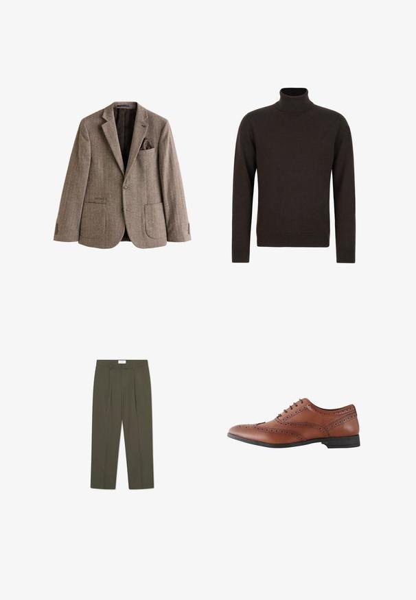Brauner Fischgrät-Blazer aus strukturiertem Stoff, mit einer Brusttasche und Taschentuch, zwei Fronttaschen und knöpfbaren Manschetten.; Dunkelbrauner Rollkragenpullover mit langen Ärmeln, gerippten Bündchen und Saum, aus weichem Strickstoff.; Olivgrüne Hose mit vertikalen Nadelstreifen, tailliertem Bund, Falten und geradem Bein. Glatte Textur.; Brauner Herrenschuh aus Leder im Brogue-Stil mit dekorativen Perforationen und schwarzer Sohle, seitliche Ansicht.