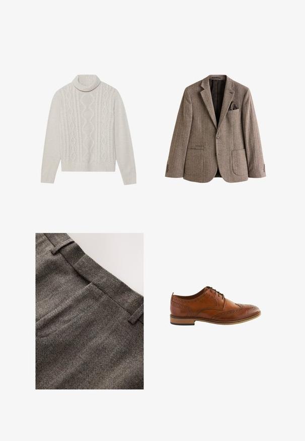 Brun hør-ternet blazer lavet af struktureret stof, med en brystlomme med en lommefuld, to frontlommer og knapmanchetter.; Cremefarvet kabelstrikket sweater med høj ribkant, prydet med et struktureret mønster samt ribbede manchetter og kant. Blødt uldblend materiale.; Brunt stof med fiskebenmønster og glat tekstur, med en flad linning og diskrete folder foran.; Herres brun læder brogue Oxford-sko med wingtip-perforeringer og sorte snørebånd, træsål og lav hæl.