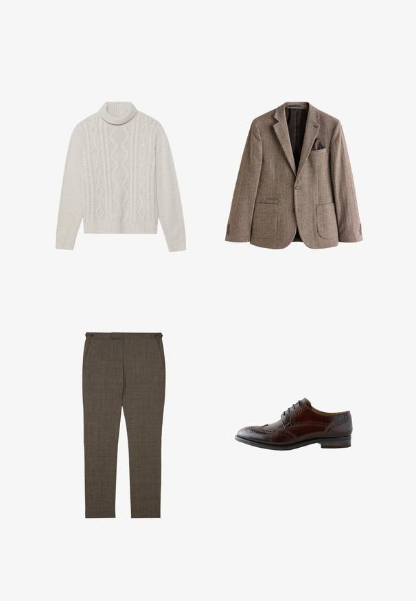 Brun hør-ternet blazer lavet af struktureret stof, med en brystlomme med en lommefuld, to frontlommer og knapmanchetter.; Cremefarvet kabelstrikket sweater med høj ribkant, prydet med et struktureret mønster samt ribbede manchetter og kant. Blødt uldblend materiale.; Brune ternede slim fit herrebukser med sidelommer og knappede talje stropper, vist på en hvid baggrund.; Brun læder herresko med wingtip brogue-detaljer og sorte snørebånd, vist fra siden på en hvid baggrund.