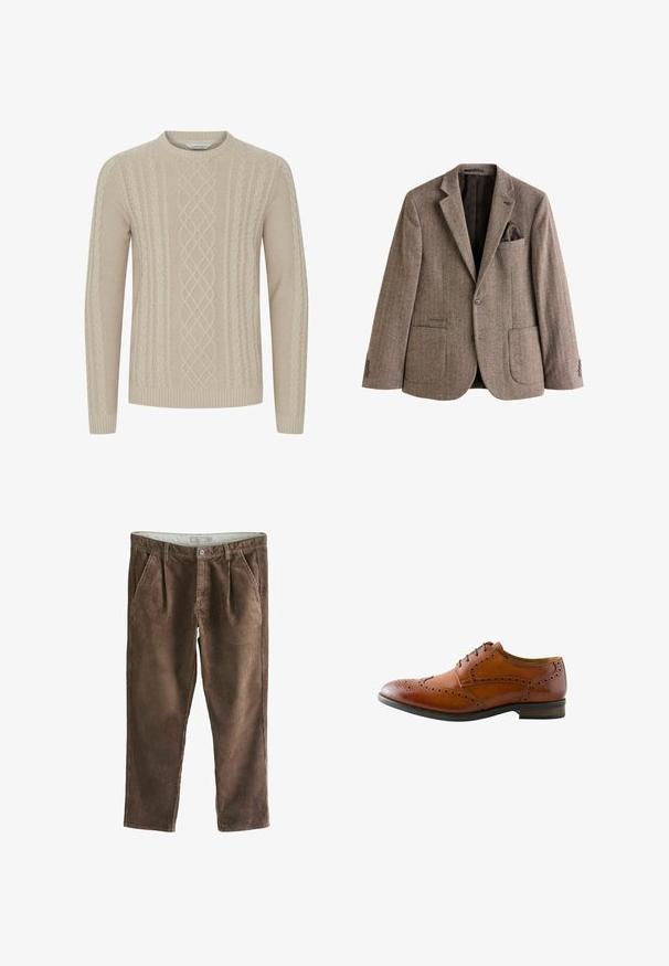 Brun hør-ternet blazer lavet af struktureret stof, med en brystlomme med en lommefuld, to frontlommer og knapmanchetter.; Beige strikket sweater med et tekstureret kabelmønster og ribbede manchetter og kant. Klassisk rund halsudskæring med lange ærmer.; Brune corduroy bukser med et tekstureret ribbet mønster, der har to frontlommer og en enkelt knaplukning i taljen.; Brun læder herres brogue fest sko med vingetip perforering og sorte snørebånd, vist fra ydersiden.