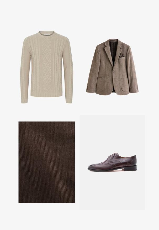 Brun hør-ternet blazer lavet af struktureret stof, med en brystlomme med en lommefuld, to frontlommer og knapmanchetter.; Beige strikket sweater med et tekstureret kabelmønster og ribbede manchetter og kant. Klassisk rund halsudskæring med lange ærmer.; Brun kordfløjlstof med lodrette ribber, blød tekstur og en dyb, rig farve, velegnet til polstring eller tøj.; Brun lædersko til kjole med brogue-detaljer, rund snude, seks snørehuller og en lav stacket hæl. Glat finish med kontrasterende detaljer.