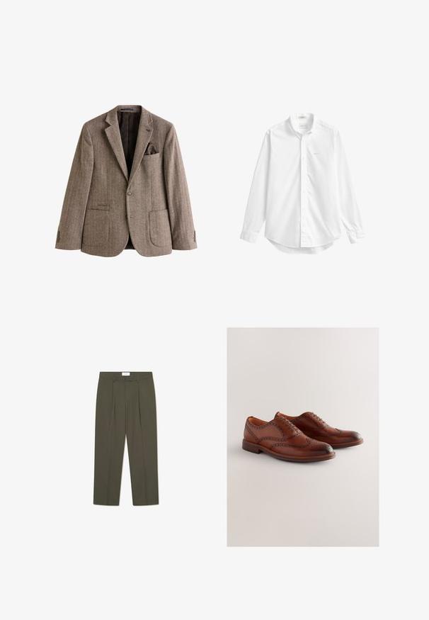 Blazer marrón de espiga hecho de una tela texturizada, con un bolsillo en el pecho que incluye un pañuelo, dos bolsillos frontales y puños abotonados.; Camisa blanca de manga larga con botones, cuello, pequeño logo bordado en el pecho y bajo curvado.; Pantalones verde oliva con rayas verticales, que cuentan con una cintura entallada, pliegues y un diseño de pierna recta. Textura suave.; Zapatos oxford de cuero marrón con diseño de ala de mosca, detalles perforados y puntera lisa. Cuenta con un tacón bajo resistente y cierre de cordones.