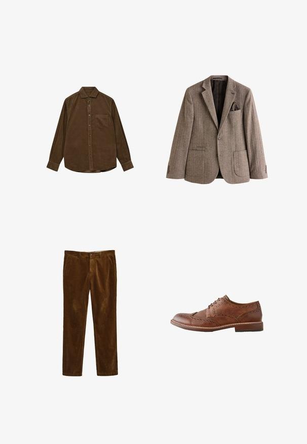 Brun hør-ternet blazer lavet af struktureret stof, med en brystlomme med en lommefuld, to frontlommer og knapmanchetter.; Brun kordfløjls skjorte med lange ærmer, knap-ned krave, frontlomme og struktureret ribbet overflade. Har sølvfarvede knapper.; Brune corduroy bukser med et lige ben-design, der har en frontlukning med knap og to sidelommer. Tekstiler med ribbet mønster.; Brun læder herre wingtip oxford sko med brogue-detaljer og stablet træsål, vist i sideprofil på hvid baggrund.