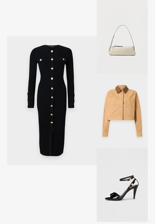 Abgeschnittene beige Jacke mit langen Ärmeln, zwei Fronttaschen, silbernen Knöpfen und einem dunkler braunen Spitzkragen auf weißem Hintergrund.; Schwarzes, langärmeliges Rippkleid mit goldfarbigen Knopfverschlüssen, zwei Brusttaschen und einem Schlitz vorne. Weicher Stoff, figurbetonte Passform.; Schwarze, lackierte High-Heeled-Sandalen mit doppelten Knöchelriemen und goldenen Schnallen, Zehen offen und schlankem, spitz zulaufendem Absatz auf neutralem Hintergrund.; Kleine beige Lederschultertasche mit dünnem Riemen und Reißverschluss, vorne in der Mitte mit einem dezenten metallischen Logo.