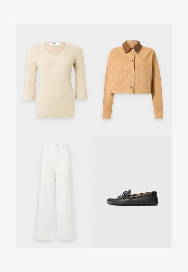 Afkortet beige jakke med lange ærmer, to forlommer, sølvknapper og en mørkere brun spids krave på hvid baggrund.; Beige ribbet langærmet bluse med en rund halsudskæring. Teksturen er glat og tætsiddende. Udsvingede manchetter tilføjer en subtil designdetalje.; Hvide højtaljede brede jeans lavet af denim. Har frontlommer, knaplukning og afrivede kantdetaljer.; Sorte læder bådsko med afrundet tå, stikninger, lille sløjfedetalje og gummisål. Glat tekstur og strømlinet design.