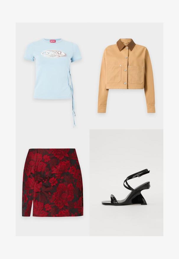 Afkortet beige jakke med lange ærmer, to forlommer, sølvknapper og en mørkere brun spids krave på hvid baggrund.; Lys blå kortærmet T-shirt med rund halsudskæring, sidebindinger og et grafisk print med teksten "www.diesel.com" i sølv.; Rød blomsterkjole med sort baggrund, fremstillet i et struktureret stof, høj talje og en sideslids for ekstra detalje.; Sorte patentlæder wedge sandaler med et elegant, åben-tå design, tynde ankelstropper og en dekorativ spænde detalje.
