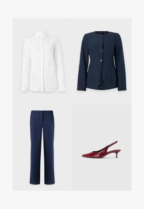 Damenblazer in Marineblau mit rundem Ausschnitt, vier schwarzen Knöpfen vorne, langen Ärmeln und Seitentaschen mit Schlitz.; Weißes Langarmhemd aus glattem Baumwollstoff. Verfügt über einen klassischen Kragen und eine durchgehende Knopfleiste mit geradem Saum und ohne Muster.; Marineblaue Hose mit geradem Bein, Gürtelschlaufen und verdecktem vorderem Verschluss, vor hellem Hintergrund gezeigt.; Burgunderfarbene Leder-Slingback-Pumpe mit Krokodilleder-Textur, spitzem Zehenbereich, verstellbarem Riemen mit Schnalle und niedrigem Kitten-Absatz auf einem weißen Hintergrund.