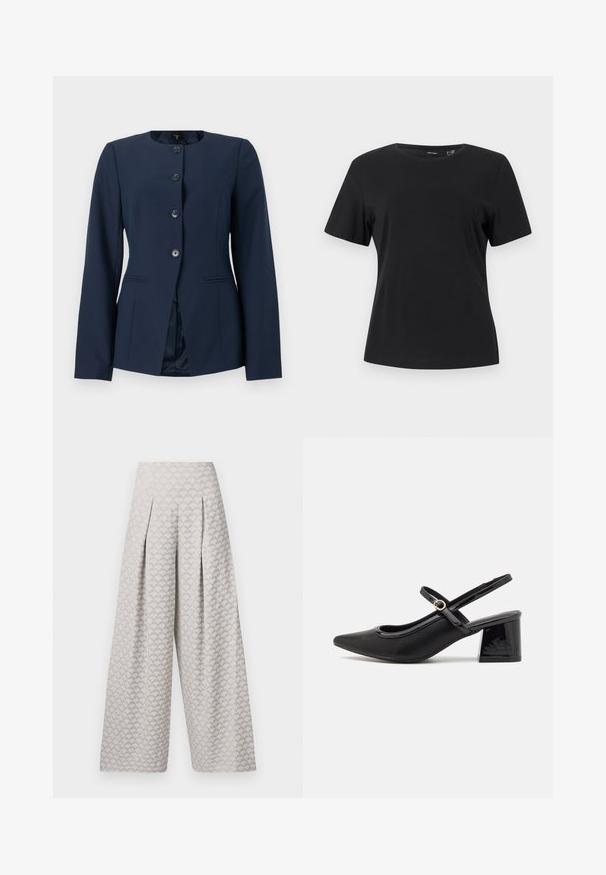 Donkerblauwe damesblazer met ronde halslijn, vier zwarte knopen aan de voorkant, lange mouwen en zijzakken met openingen.; Zwart T-shirt met korte mouwen, ronde hals, rechte zoom en glad, effen stof.; Lichtgrijze wijde broek met een textuurpatroon dat lijkt op kleine driehoeken, met een hoge taille en plooien voor extra structuur.; Zwarte gepolijste leren slingback hakken met een spitse neus, een ronde uitsnede en een blokhak. Voorzien van een gouden gespaccent.