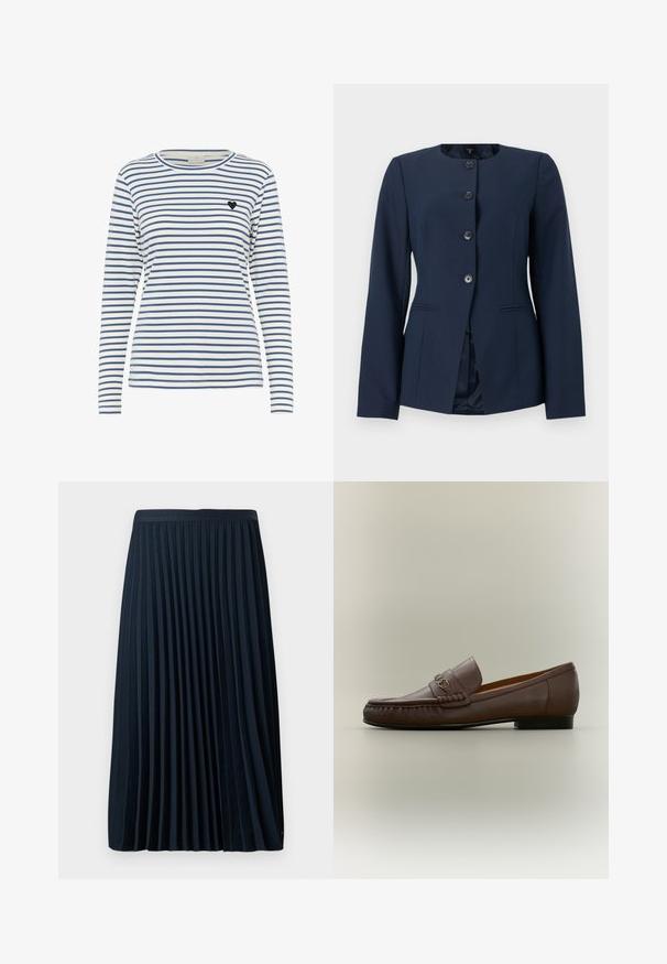 Blazer azul marino para mujer con cuello redondo, cuatro botones negros en la parte delantera, mangas largas y bolsillos laterales con aberturas.; Camisa de manga larga a rayas en blanco y azul marino, con un cuello redondo y un pequeño acento de corazón negro en el lado izquierdo del pecho. Textura de tejido suave.; Falda plisada azul marino con una cinturilla texturizada, hecha de una tela suave, que presenta pliegues verticales espaciados uniformemente y un diseño de longitud a media pantorrilla.; Mocasín de cuero marrón con detalle metálico en la parte delantera y un tacón negro bajo, mostrado de lado sobre un fondo neutro.