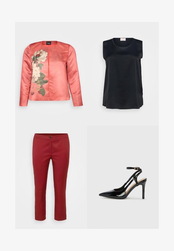 Korallfarvet satinjakke med blomsterprint af hvide roser og grønne blade, rund neckline og lukning foran. Lange ærmer inkluderet.; Sort ærmeløs top i glat stof, med en rund halsudskæring og en løs pasform med sideskydere for åndbarhed og bevægelsesfrihed.; Røde skræddersyede bukser i glat stof, med en frontlukning med knap og lige ben, designet til en tætsiddende silhuet.; Sorte laklæder højhælede slingback-sko med spids tå, justerbar ankelrem og åben sider. Glat tekstur.