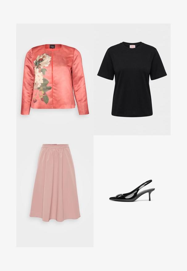 Koralen satijnen jasje met een bloemenprint van witte rozen en groene bladeren, voorzien van een ronde halslijn en een voorkleur. Inclusief lange mouwen.; Zwart T-shirt met korte mouwen en ronde hals, weergegeven op een effen lichtgrijze achtergrond, van voren gezien.; Roze, knielange rok van gladde stof, met een gegadigde tailleband en geplooid ontwerp. Plat, zonder extra hardware of patronen.; Zwarte gepatineerde leren slingback hakken met een puntige neus en een glanzende afwerking. Heeft een slanke hak en een ronde accent op de bovenkant.