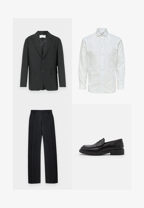 Zwart pinstripe colbert met een enkelrijig ontwerp, twee voorzakken en een gekerfde revers. Gladde satijnen binnenvoering.; Wit overhemd met lange mouwen, knoopsluiting aan de voorkant en puntige kraag, afgebeeld tegen een witte achtergrond.; Zwarte, op maat gemaakte broek met rechte pijpen, voorplooien, riemlussen en een knoopsluiting in de tailleband.; Zwarte leren loafers met een ronde neus, ton-sur-ton stiksels en een banddetail aan de voorkant. Rubberen zool met een lage hak.