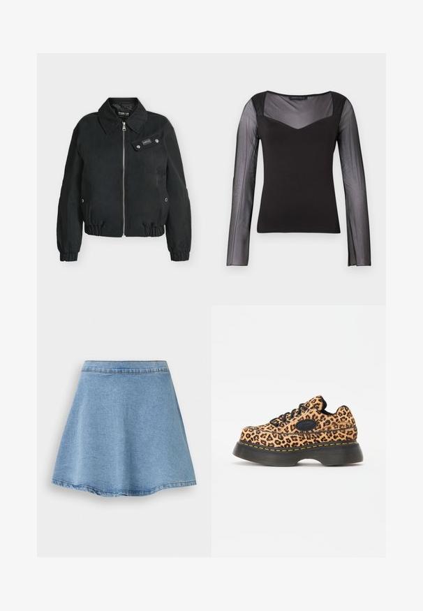 Veste noire zippée avec poignets et ourlet élastiques, col pointu et poche poitrine à bouton avec étiquette de marque.; Haut à manches longues noir avec des manches en maille transparente et un haut du buste, corps solide, décolleté carré et silhouette ajustée.; Jupe droite en denim bleu clair avec des coutures visibles le long de la ceinture et de l'ourlet, présentée à plat sur fond blanc.; Baskets plateforme à imprimé léopard avec lacets noirs, matériau texturé et détail de couture jaune sur une épaisse semelle en caoutchouc noire.