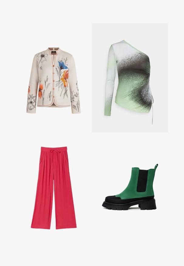Cremefarbener Cardigan mit floralem Muster in Blau, Orange und Schwarz. Verfügt über einen Rundhalsausschnitt, eine Knopfleiste vorne und kontrastierende Nähte entlang der Kanten.; Elleme ONE SHOULDER - Langarmshirt - light green/white; Rote weite Hosen mit elastischem Bund und Kordelzug, mit seitlichen Taschen und leichtem, strukturiertem Stoff.; Grüne Wildleder-Ankle-Boots mit schwarzen elastischen Seiteneinsätzen und dicker, profiliertem Sohle. Verfügt über eine Schlaufe hinten für einfaches Anziehen.