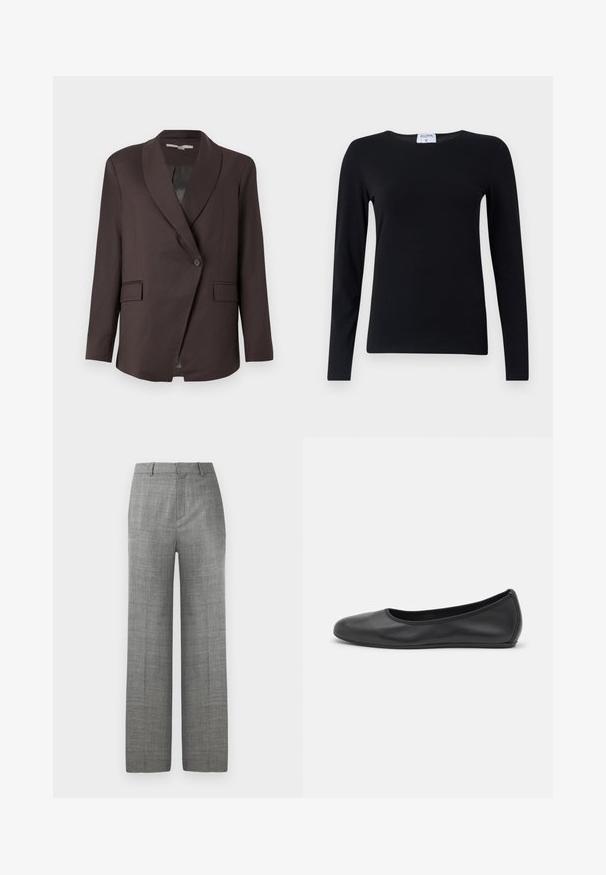 Blazer marron foncé en tissu lisse, avec un col châle, une fermeture à un bouton et deux poches avant.; Chemise noire à manches longues en tissu doux, avec un col rond, une coupe droite et des coutures minimales pour une apparence épurée.; Pantalons larges gris sur mesure avec passants de ceinture et pression à l'avant sur fond blanc, adaptés pour une tenue formelle ou professionnelle.; Ballerines en cuir noir avec un bout rond, texture lisse, détails de couture minimalistes et design de semelle flexible.