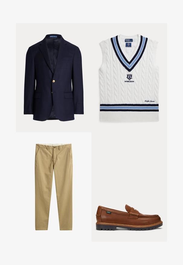 Marineblauer Herrenblazer mit zwei goldenen Knöpfen, Notch-Revers, Pattentaschen und einer Brustleistentasche, gefüttertes Innenfutter, Polo Ralph Lauren-Label innen am Kragen.; Weißer ärmelloser Pullover mit Zopfmuster, blauen und schwarzen Streifen, Wimbledon-Logo und Ralph Lauren Stickerei.; Beige gerade geschnittene Freizeithosen mit seitlichen Taschen, Gürtelschlaufen, Knopfverschluss und Reißverschluss, hergestellt von der Marke GANT.; Brauner Lederloafer mit aufgenähten Details, robuster schwarzer Sohle und kleinem "Polo"-Etikett an der Seite.
