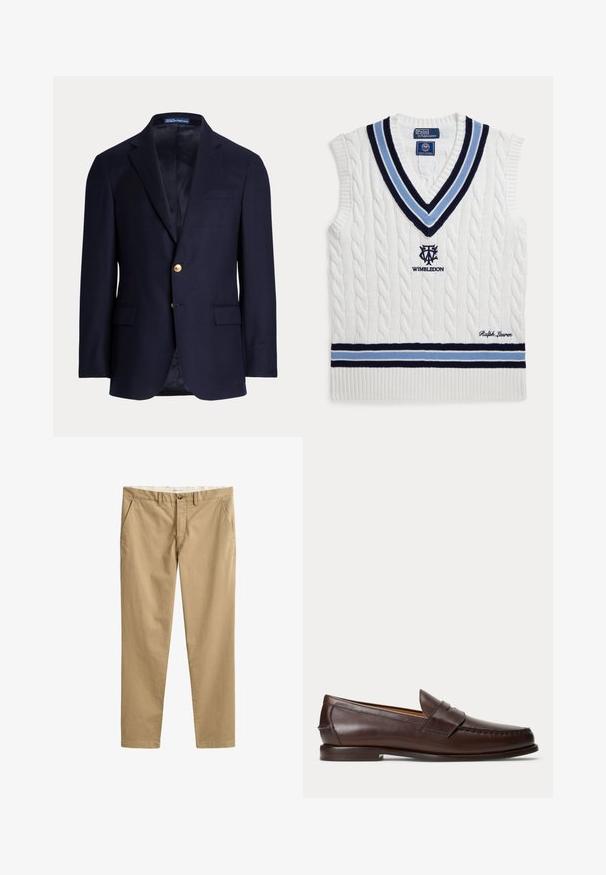 Marineblå herreblazer med to guldknapper, notch revers, lommer med klapper og brystlomme med åbning, foret indvendig, Polo Ralph Lauren mærke inde i kraven.; Hvid kabelstrikket ærmeløs sweatervest med blå og sorte striber, Wimbledon-logo og Ralph Lauren-broderi.; Beige chinos med lige ben, bæltestropper, frontknap, lynlås og sidelommer, vist fladt på en hvid baggrund.; Mørkebrune læder penny loafers med syningsdetaljer og lav stacket hæl, vist fra siden på en ensfarvet baggrund.