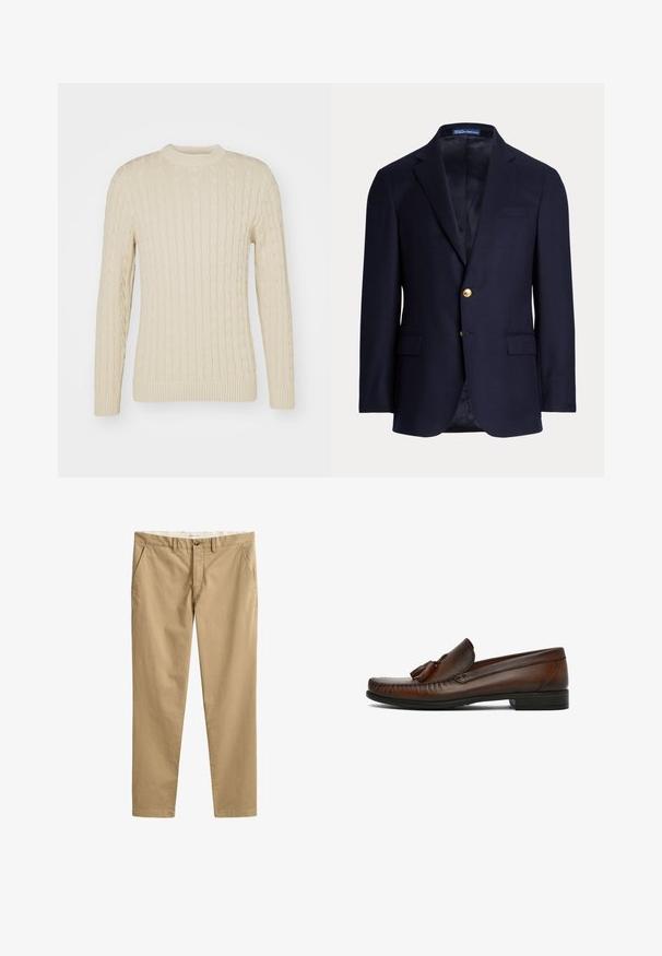 Blazer azul marino para hombre con dos botones dorados, solapas con muesca, bolsillos con solapa y bolsillo en el pecho con ribete, interior forrado, etiqueta Polo Ralph Lauren dentro del cuello.; Suéter de punto de cable en color crema claro. Presenta cuello redondo, mangas largas, puños y dobladillo acanalados, con un patrón de superficie texturizado.; Pantalones chinos beige de corte recto con trabillas para cinturón, botón frontal, cierre de cremallera y bolsillos laterales, mostrados extendidos sobre un fondo blanco.; Mocasín de hombre marrón de piel con borlas, detalles cosidos y tacón bajo apilado en negro, visto de lado sobre fondo blanco.