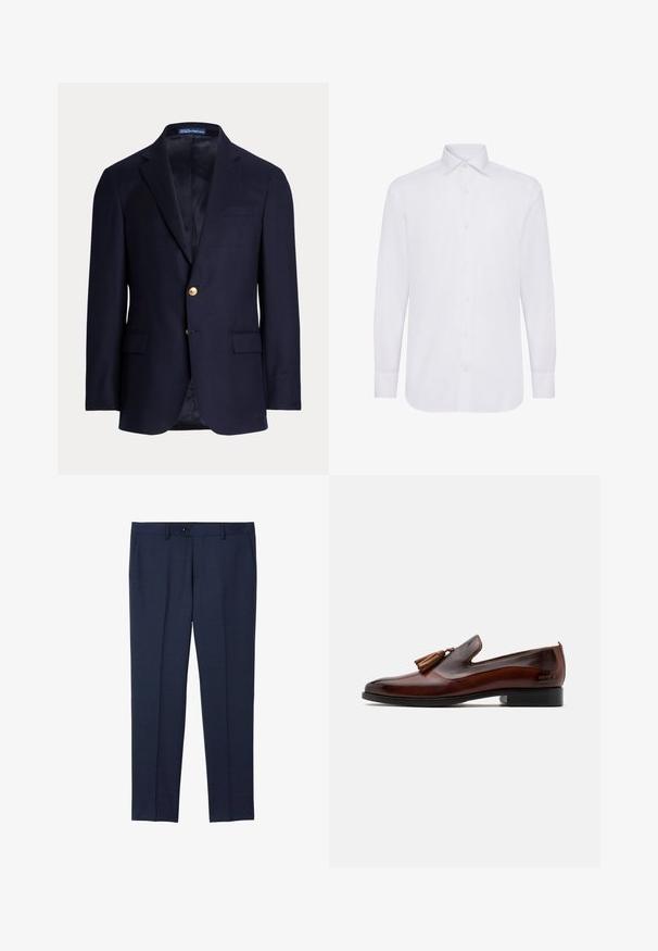 Marineblå herreblazer med to guldknapper, notch revers, lommer med klapper og brystlomme med åbning, foret indvendig, Polo Ralph Lauren mærke inde i kraven.; Hvid langærmet skjorte med klassisk krave, knaplukning og lige søm. Lavet af glat bomuldsstof.; Marine skræddersyede bukser lavet af et glat stof. Har knaplukning, frontlommer og et lige ben design.; Brune læderslippers med en glat overflade, frynsedetalje på foran og en lav sort hæl. Har en elegant, strømlinet silhuet.