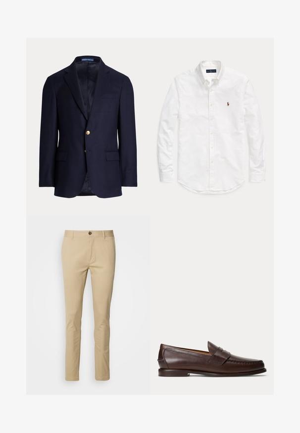 Marineblauer Herrenblazer mit zwei goldenen Knöpfen, Notch-Revers, Pattentaschen und einer Brustleistentasche, gefüttertes Innenfutter, Polo Ralph Lauren-Label innen am Kragen.; Weißes, langärmliges Hemd mit Knopfleiste und Kragen sowie kleinem, gesticktem Logo auf der linken Brust, flach auf einem einfarbigen Hintergrund liegend.; Beige Chinos mit schmaler Passform, aus Baumwolle gefertigt. Mit Knopfverschluss, Gürtelschlaufen und subtilen Nähten an den Taschen.; Dunkelbrauner Leder-Pennyloafer mit Nahtdetails und niedrigem gestapeltem Absatz, seitlich auf einfachem Hintergrund gezeigt.