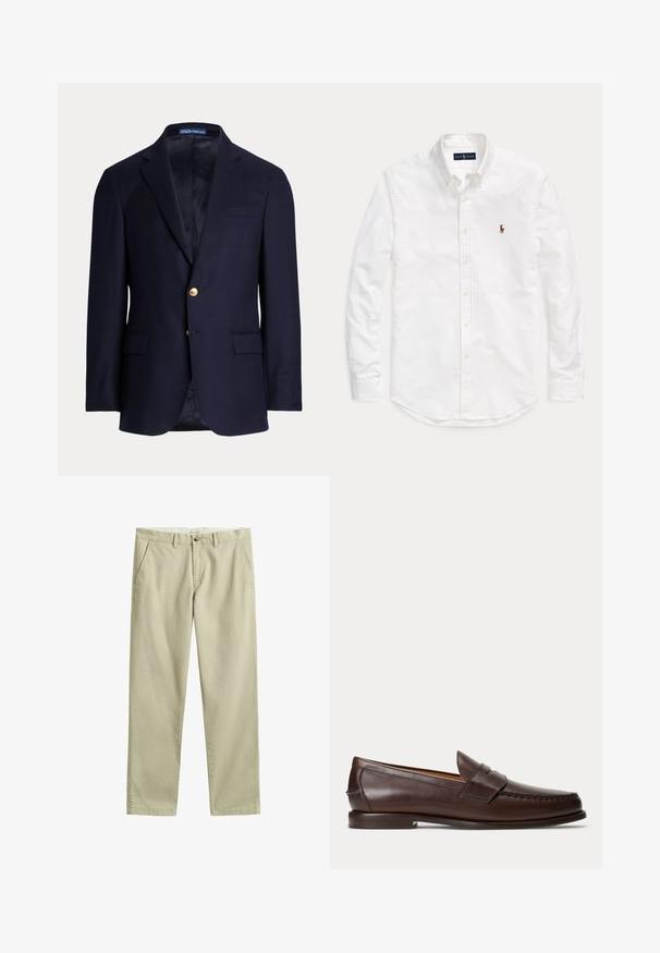 Blazer bleu marine pour homme avec deux boutons dorés, revers crantés, poches à rabat et poche poitrine passepoilée, intérieur doublé, étiquette Polo Ralph Lauren à l’intérieur du col.; Chemise blanche à manches longues avec boutonnière, col et petit logo brodé sur le côté gauche de la poitrine, posée à plat sur un fond uni.; Chino beige à jambe droite avec passants de ceinture, fermeture avant par bouton et zip, et poches latérales, posé à plat sur un fond blanc.; Mocassin penny en cuir marron foncé avec des détails de couture et un petit talon empilé, présenté de profil sur un fond uni.