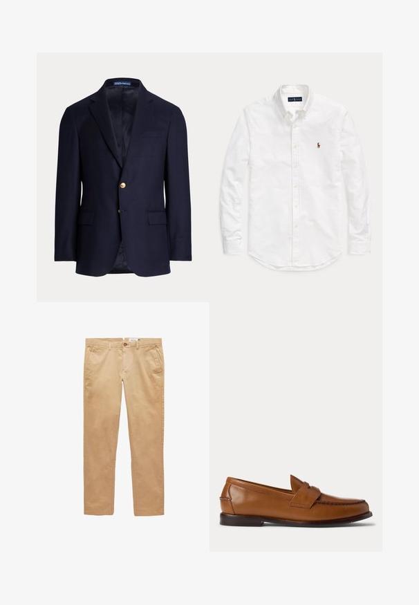 Marineblauer Herrenblazer mit zwei goldenen Knöpfen, Notch-Revers, Pattentaschen und einer Brustleistentasche, gefüttertes Innenfutter, Polo Ralph Lauren-Label innen am Kragen.; Weißes, langärmliges Hemd mit Knopfleiste und Kragen sowie kleinem, gesticktem Logo auf der linken Brust, flach auf einem einfarbigen Hintergrund liegend.; Beige gerade geschnittene Baumwollhose mit Gürtelschlaufen, vorderen Taschen und Knopfverschluss.; Brauner Leder-Penny-Loafer mit niedrigem Absatz und gesteppten Details an Vorder- und Seitenpartien, seitlich auf weißem Hintergrund dargestellt.