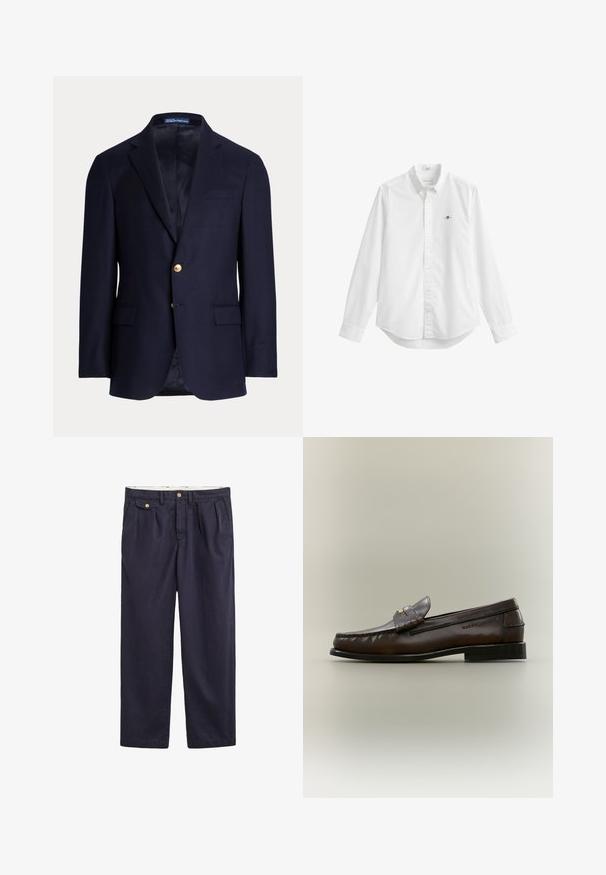 Blazer bleu marine pour homme avec deux boutons dorés, revers crantés, poches à rabat et poche poitrine passepoilée, intérieur doublé, étiquette Polo Ralph Lauren à l’intérieur du col.; Chemise blanche à manches longues avec col, boutons sur le devant et petit logo brodé sur la poitrine gauche.; Pantalon décontracté bleu marine avec rabat de poche latérale boutonné, plis avant et passants de ceinture.; Mocassin en cuir marron foncé avec un petit talon noir, coutures mocassin et une bride décorative sur le dessus.