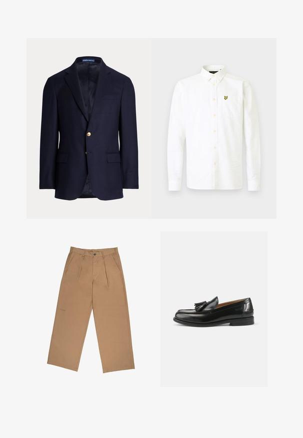 Blazer bleu marine pour homme avec deux boutons dorés, revers crantés, poches à rabat et poche poitrine passepoilée, intérieur doublé, étiquette Polo Ralph Lauren à l’intérieur du col.; Chemise blanche à manches longues en coton avec un col boutonné, dotée d'une poche poitrine et d'un petit logo jaune sur le côté gauche.; Pantalons beige en tissu à la texture lisse, avec des plis, une fermeture à bouton et un logo brodé près de l'ourlet.; Mocassins en cuir noir avec un accent de gland, un bout arrondi et une finition lisse. La semelle est plate avec un motif de trottoir minimal.