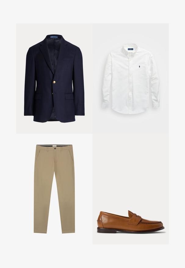 Marineblauer Herrenblazer mit zwei goldenen Knöpfen, Notch-Revers, Pattentaschen und einer Brustleistentasche, gefüttertes Innenfutter, Polo Ralph Lauren-Label innen am Kragen.; Weißes Button-Down-Hemd aus Baumwolle. Verfügt über einen spitzen Kragen, lange Ärmel und ein kleines marineblaues Logo auf der Brust. Glatte Textur.; Beige Chinos aus glattem Baumwollstoff, mit geradem Bein, einem Knopfverschluss und zwei Seitentaschen. Dezente Nähdetails.; Brauner Leder-Penny-Loafer mit niedrigem Absatz und gesteppten Details an Vorder- und Seitenpartien, seitlich auf weißem Hintergrund dargestellt.