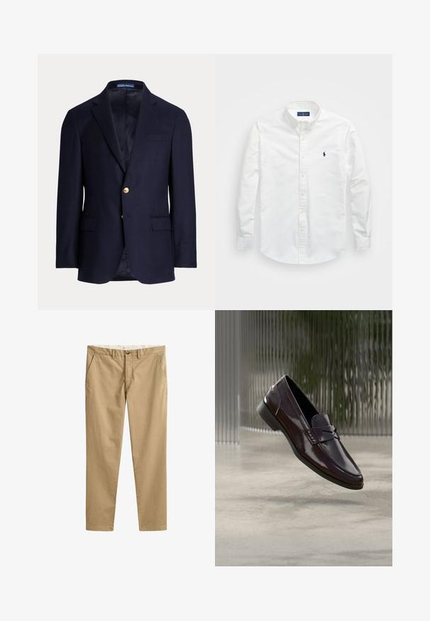 Blazer bleu marine pour homme avec deux boutons dorés, revers crantés, poches à rabat et poche poitrine passepoilée, intérieur doublé, étiquette Polo Ralph Lauren à l’intérieur du col.; Chemise blanche à manches longues en coton. Dotée d'un col pointu, de longues manches et d'un petit logo navy sur la poitrine. Texture lisse.; Chinos beige à jambes droites avec passants de ceinture, bouton devant, fermeture éclair et poches latérales, présentés à plat sur fond blanc.; Mocassins en cuir marron à finition brillante, avec une couture surélevée et un petit détail découpé à l'avant, ainsi qu'une semelle basse noire.