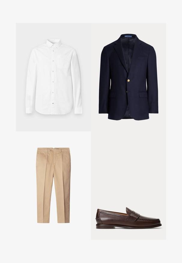 Marineblauer Herrenblazer mit zwei goldenen Knöpfen, Notch-Revers, Pattentaschen und einer Brustleistentasche, gefüttertes Innenfutter, Polo Ralph Lauren-Label innen am Kragen.; Weißes Langarmhemd aus Baumwolle. Verfügt über einen Button-Down-Kragen, eine Brusttasche und eine dezente Textur. Gerade Saumlinie mit Knopfverschlüssen.; Beige Baumwollhose mit maßgeschneidertem Schnitt, ausgestattet mit vorderen Falten, Seitentaschen und einem Knopfverschluss. Angenehme Textur, gerades Bein.; Dunkelbrauner Leder-Pennyloafer mit Nahtdetails und niedrigem gestapeltem Absatz, seitlich auf einfachem Hintergrund gezeigt.