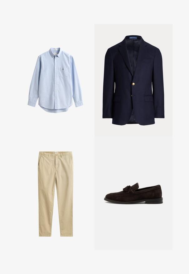 Marineblå herreblazer med to guldknapper, notch revers, lommer med klapper og brystlomme med åbning, foret indvendig, Polo Ralph Lauren mærke inde i kraven.; Lyseblå bomuldsskjorte med knapper. Har en brystlomme, lange ærmer og en klassisk krave. Glat tekstur med afrundet kant.; Beige bomuld bukser med lige ben, bæltestropper, sidelommer, knaplukning og GANT mærke inde i linningen.; Mørkebrun herre loafer i ruskind med kvaster, syninger og lav hæl, vist i profil på en ensfarvet baggrund.