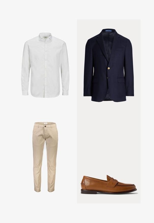 Blazer bleu marine pour homme avec deux boutons dorés, revers crantés, poches à rabat et poche poitrine passepoilée, intérieur doublé, étiquette Polo Ralph Lauren à l’intérieur du col.; Chemise blanche à manches longues en coton, dotée d'un col classique, d'une coupe droite et d'une texture subtile. Fermeture par boutons standard.; Pantalon en coton beige avec une coupe droite, doté de poches avant, d'une fermeture éclair et d'un bouton unique. Texture lisse, sans motifs.; Chaussure penny loafer en cuir marron avec talon bas et détails cousus sur l’avant et les côtés, vue de côté sur fond blanc.