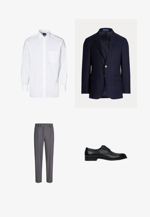 Marineblauwe herensblazer met twee gouden knopen, ingezette revers, klepzakken en een borstbieszak, gevoerde binnenkant, Polo Ralph Lauren label binnenin de kraag.; Witte overhemdd met lange mouwen, knoopsluiting aan de voorkant, één borstzak, klassieke kraag en een gladde textuur.; Grijze, op maat gemaakte pantalon met riemlussen, vouw aan de voorkant en rechte pijpen, weergegeven op een witte achtergrond, geen zichtbare persoon of accessoires.; Zwarte leren herenschoen met lage hak, veters aan de voorkant, ronde neus en een gladde, gepolijste afwerking, getoond in zijaanzicht.